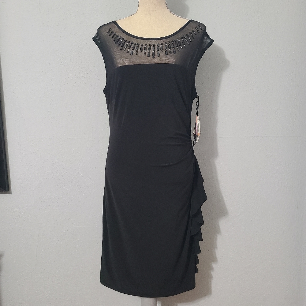 R‎ & M Richard's Black Ruched Illussion Beaded Cocktail Dress Size 12 NWT